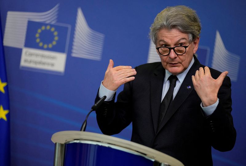 &copy; Reuters. FILE PHOTO: Thierry Breton, European Commissioner for Internal Market speaks during a signature ceremony regarding the Chips Act at EU headquarters in Brussels, Belgium, February 8, 2022. Virginia Mayo/Pool via REUTERS/File Photo