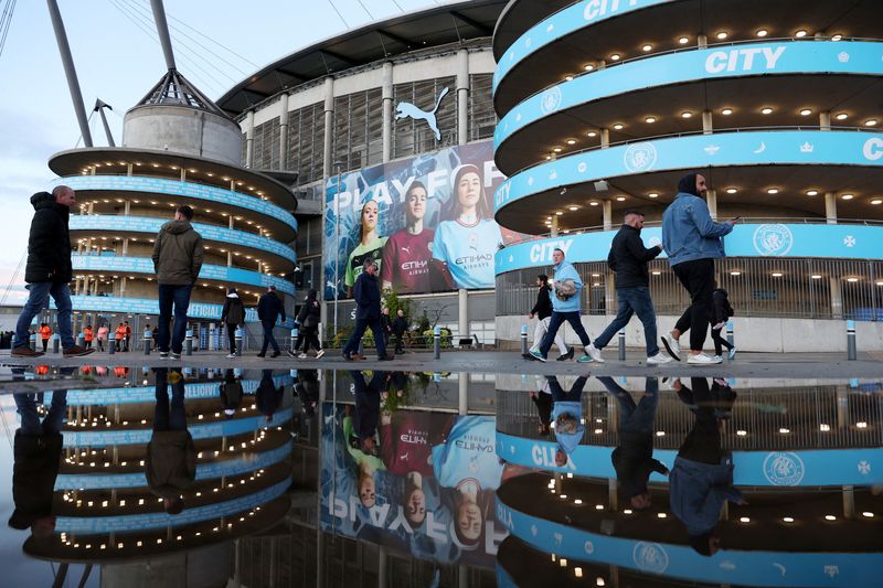 © Reuters. FILE PHOTO: Soccer Football - Champions League - Group G - Manchester City v FC Copenhagen - Etihad Stadium, Manchester, Britain - October 5, 2022  General view outside the stadium before the match Action Images via Reuters/Lee Smith/File Photo