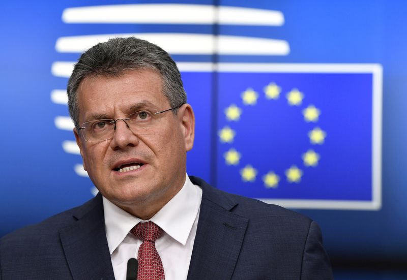 &copy; Reuters. FILE PHOTO: European Commission vice-president Maros Sefcovic speaks during a press conference after a General Affairs Council with the Portuguese European Affairs Secretary, held by video conference at the EU headquarters in Brussels, Belgium February 23