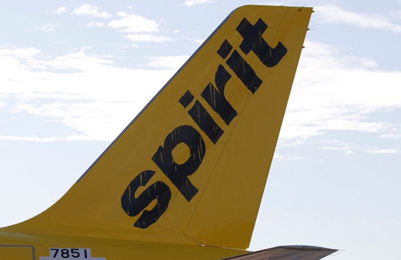 © Reuters. FILE PHOTO: A logo of low cost carrier Spirit Airlines is pictured on an Airbus plane in Colomiers near Toulouse, France, November 6, 2018. REUTERS/Regis Duvignau