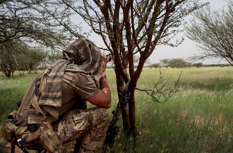 &copy; Reuters. أحد أفراد قوة تاكوبا الجديدة يقوم بالمراقبة خلال دورية مع قوات من مالي قرب الحدود مع النيجر عام 2021. صورة من أرشيف رويترز 