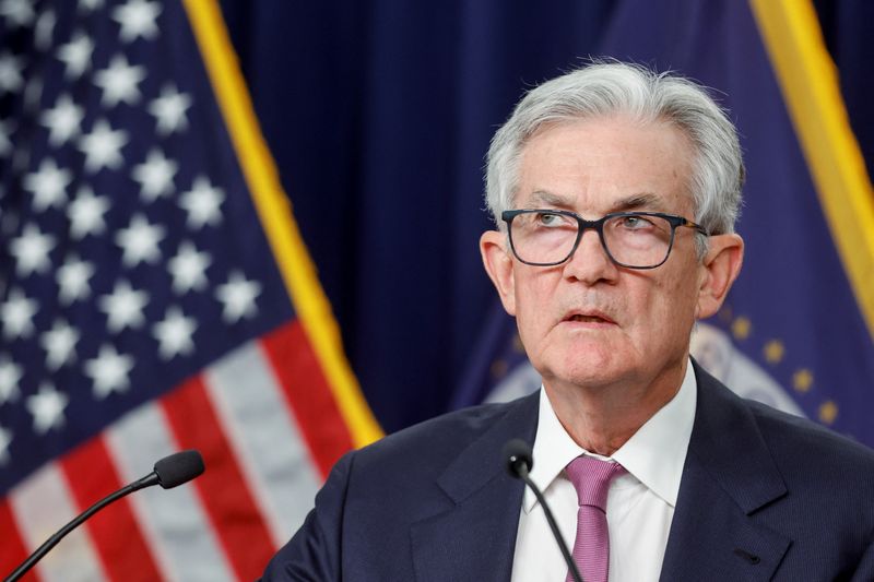 &copy; Reuters. FILE PHOTO: U.S. Federal Reserve Chair Jerome Powell addresses reporters after the Fed raised its target interest rate by a quarter of a percentage point, during a news conference at the Federal Reserve Building in Washington, U.S., February 1, 2023. REUT