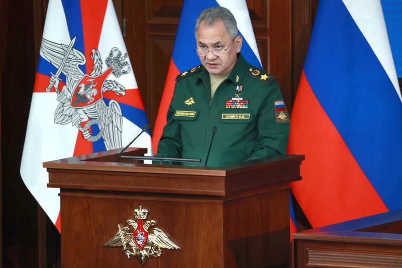&copy; Reuters. FILE PHOTO: Russian Defence Minister Sergei Shoigu delivers a speech during an annual meeting of the Defence Ministry Board in Moscow, Russia, December 21, 2022. Sputnik/Sergei Fadeichev/Pool via REUTERS