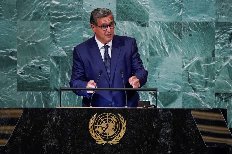 &copy; Reuters. رئيس الحكومة المغربية عزيز أخنوش يتحدث في مقر الأمم المتحدة في نيويورك يوم 20 سبتمبر أيلول 2022. تصوير: إدواردو مونوز - رويترز
