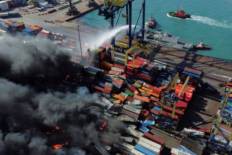 Shipping containers ablaze at Turkey's Iskenderun Port, operations halted