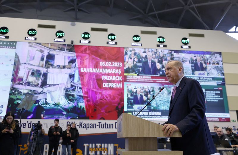 &copy; Reuters. Turkish President Tayyip Erdogan speaks at the coordination center of Turkey's Disaster and Emergency Management Authority (AFAD) in Ankara, Turkey February 6, 2023.?Presidential Press Office/Handout via REUTERS
