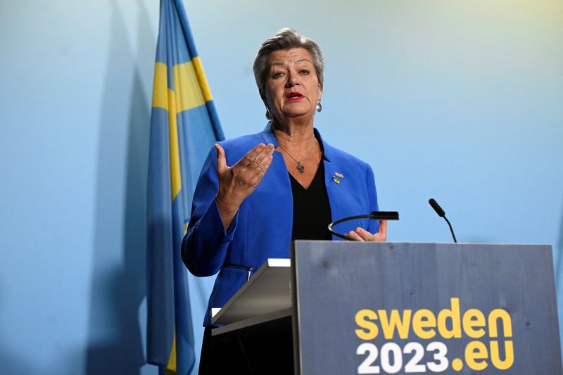 &copy; Reuters. FILE PHOTO: Ylva Johansson, EU Commissioner for Home Affairs attends a press conference at the first informal ministerial meeting during the Swedish EU Presidency, Stockholm, Sweden, January 26, 2023. Henrik Montgomery/TT News Agency/via REUTERS