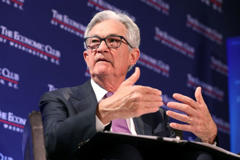 &copy; Reuters. FILE PHOTO: U.S. Federal Reserve Chair Jerome Powell responds to a question from David Rubenstein (not pictured) during an on-stage discussion at a meeting of The Economic Club of Washington, at the Renaissance Hotel in Washington, D.C., U.S, February 7, 