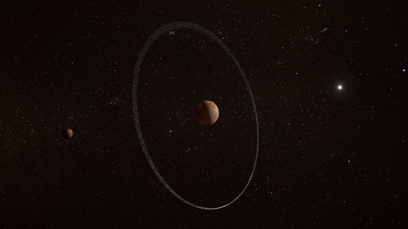 &copy; Reuters. Una ilustración que muestra el distante planeta Quaoar, que orbita nuestro sistema solar más allá de Plutón,  y que ahora aparece rodeado por un inusual anillo. ESA, CC BY-SA 3.0 IGO/Handout via REUTERS