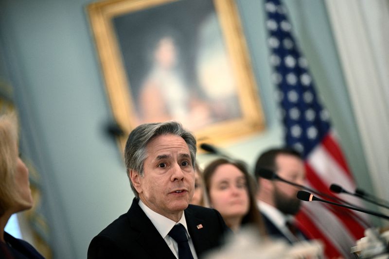 © Reuters. وزير الخارجية الأمريكي أنتوني بلينكن يتحدث خلال اجتماع في واشنطن يوم الثلاثاء. صورة لرويترز من ممثل لوكالات الأنباء.