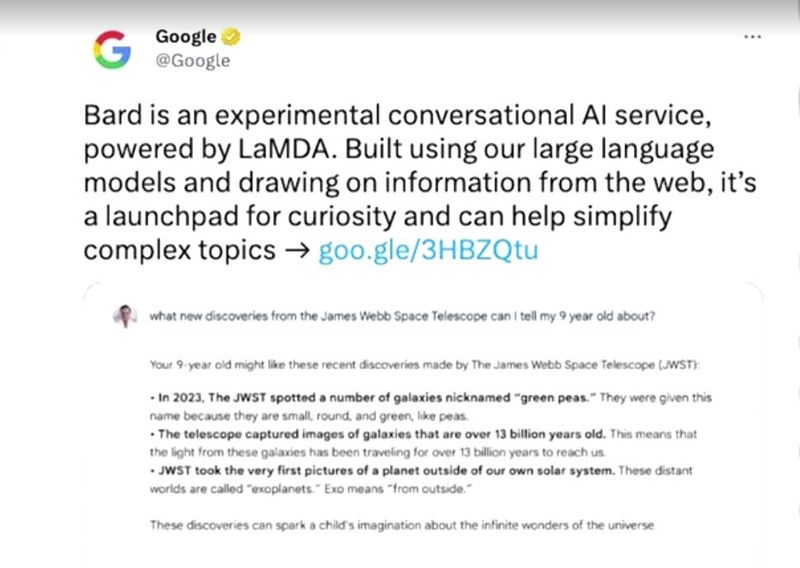 © Reuters. Google tweets about its AI chatbot Bard in this screenshot obtained from social media, February 8, 2023. Twitter/Google via REUTERS