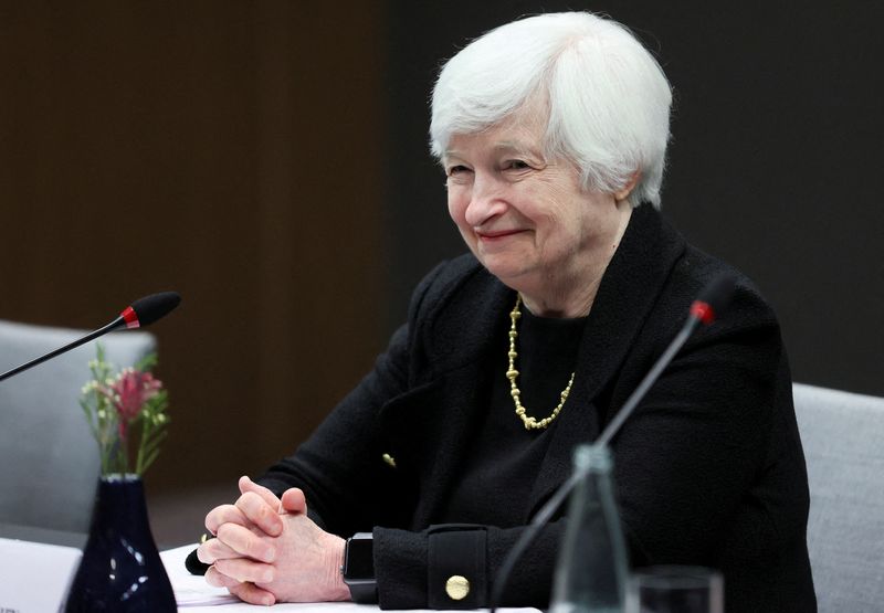 &copy; Reuters. FILE PHOTO: U.S. Treasury Secretary Janet Yellen reacts during a meeting with Chinese Vice Premier Liu He in Zurich, Switzerland, January, 18, 2023. REUTERS/Denis Balibouse/File Photo