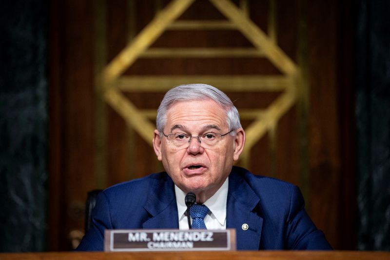 &copy; Reuters. FILE PHOTO: Senator Robert Menendez, a Democrat from New Jersey and chairman of the Senate Foreign Relations Committee, speaks during a hearing in Washington, U.S., April 26, 2022. Al Drago/Pool via REUTERS