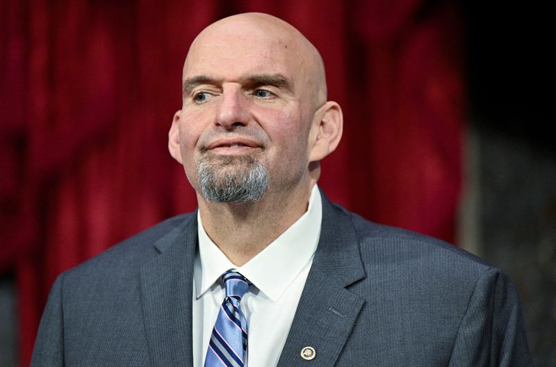 &copy; Reuters. FILE PHOTO: U.S. Senator John Fetterman (D-PA) reacts as he is ceremonially sworn into office by Vice President Kamala Harris as the new U.S. Senator from Pennsylvania in the Old Senate Chamber on the first day of the 118th Congress at the U.S. Capitol in