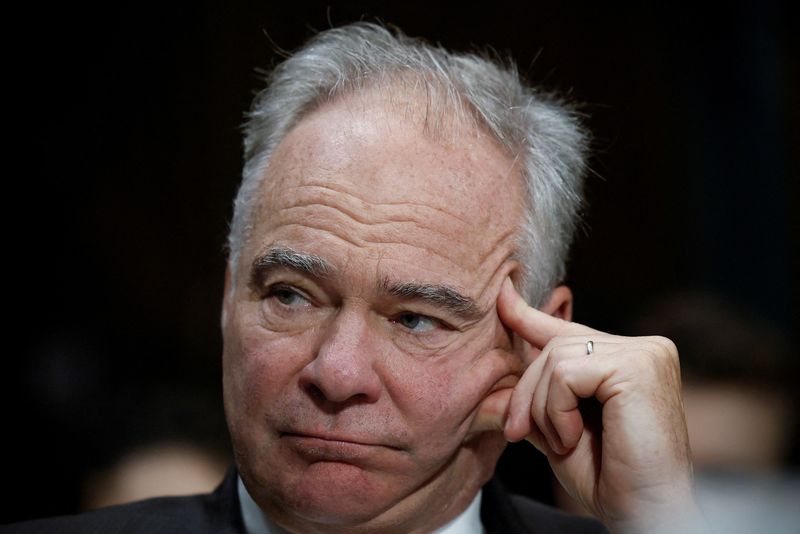 &copy; Reuters. FILE PHOTO: U.S. Senator Tim Kaine (D-VA) listens to an introduction of Julie Rikelman, an abortion rights lawyer who represented the Mississippi clinic at the heart of the U.S. Supreme Court's decision to overturn it's landmark 1973 Roe v. Wade decision,