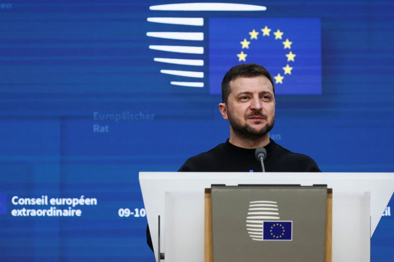 &copy; Reuters. Ukrainian President Volodymyr Zelenskiy attends a news conference during the European leaders summit in Brussels, Belgium February 9, 2023. REUTERS/Yves Herman