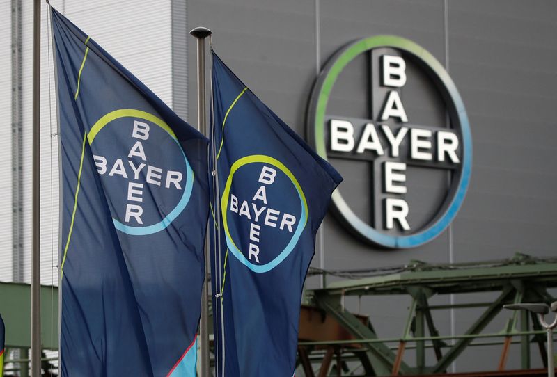 &copy; Reuters. FILE PHOTO: Logo and flags of Bayer AG are pictured outside a plant of the German pharmaceutical and chemical maker in Wuppertal, Germany August 9, 2019. REUTERS/Wolfgang Rattay/