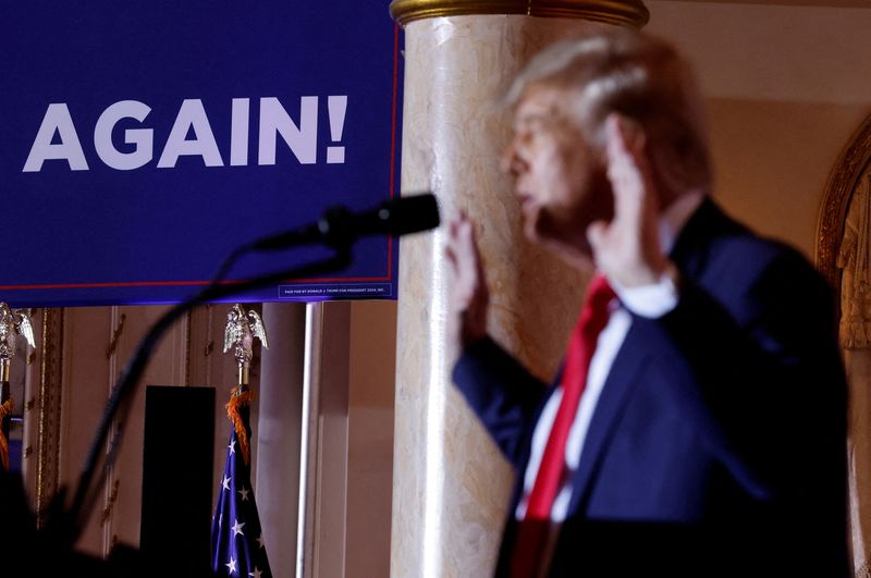 &copy; Reuters. FILE PHOTO: Former U.S. President Donald Trump announces that he will once again run for U.S. president in the 2024 U.S. presidential election during an event at his Mar-a-Lago estate in Palm Beach, Florida, U.S. November 15, 2022. REUTERS/Jonathan Ernst 