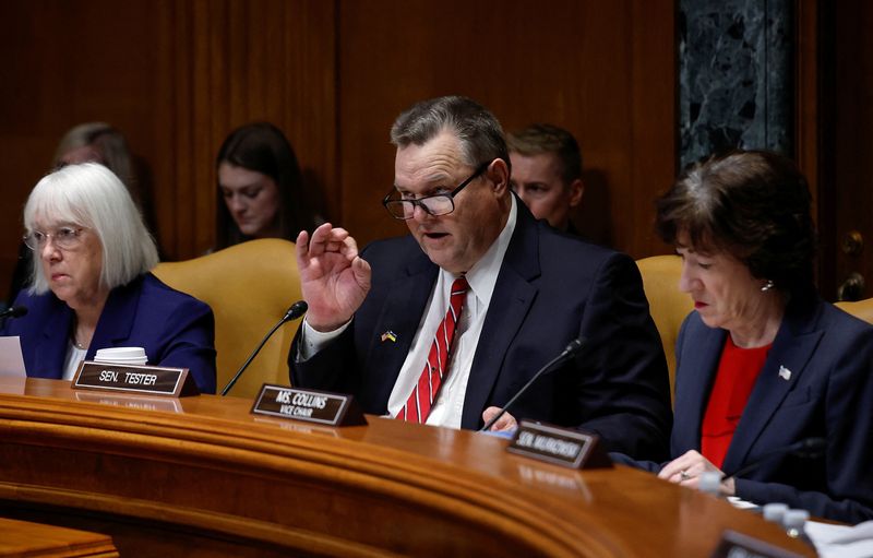 &copy; Reuters. U.S. Senator Jon Tester (D-MT) questions a witness alongside Senators Patty Murray (D-WA) and Susan Collins (R-ME), during a Senate Appropriations Defense Subcommittee hearing on Capitol Hill about the suspected Chinese spy balloon that was shot down, in 