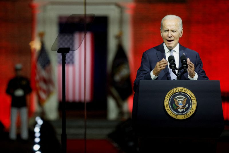 &copy; Reuters. FILE PHOTO: U.S. President Joe Biden delivers remarks on what he calls the "continued battle for the Soul of the Nation" in front of Independence Hall at Independence National Historical Park, Philadelphia, U.S., September 1, 2022. REUTERS/Jonathan Ernst 