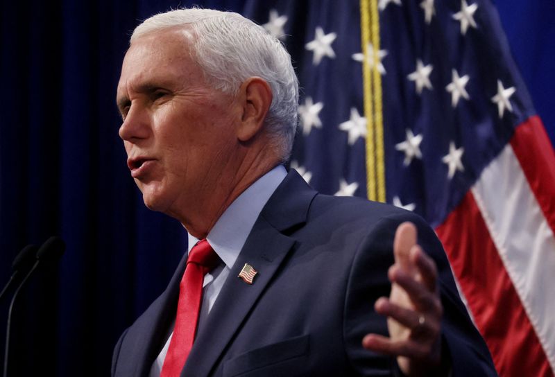 © Reuters. FILE PHOTO: Former U.S. Vice President Mike Pence speaks at the Heritage Foundation in Washington, U.S., October 19, 2022. REUTERS/Leah Millis