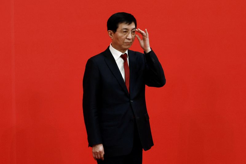 &copy; Reuters. New Politburo Standing Committee member Wang Huning meets the media following the 20th National Congress of the Communist Party of China, at the Great Hall of the People in Beijing, China October 23, 2022. REUTERS/Tingshu Wang