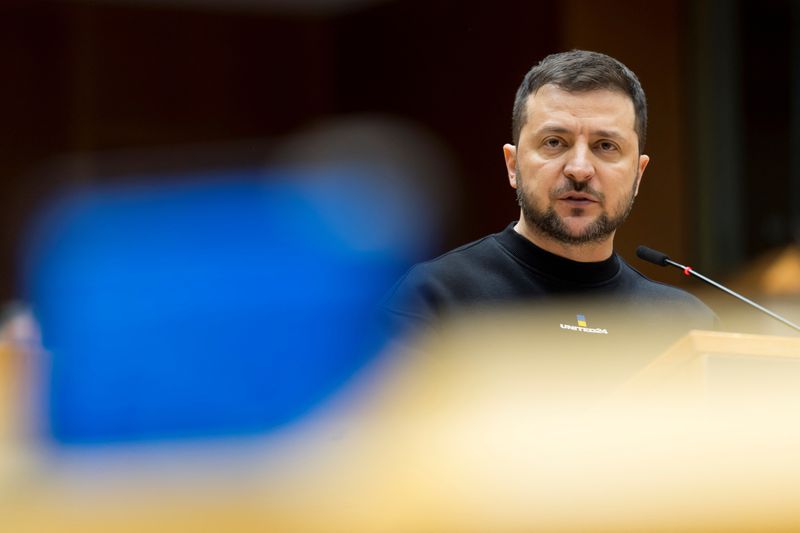 &copy; Reuters. FILE PHOTO: Ukrainian President Volodymyr Zelenskiy makes an address at the European Parliament, during his second international trip since Russia's invasion of Ukraine, in Brussels, Belgium February 9, 2023. Daina Le Lardic/European Union 2023/Handout vi