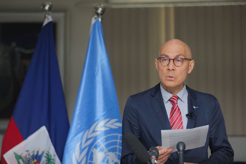 © Reuters. United Nations High Commissioner for Human Rights (OHCHR) Volker Turk delivers a statement in Port-au-Prince, Haiti February 10, 2023. REUTERS/Ralph Tedy Erol