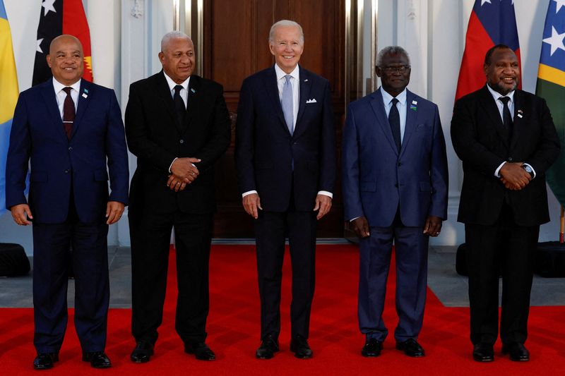 &copy; Reuters. FILE PHOTO: U.S. President Joe Biden poses with Federated States of Micronesia's President David Panuelo, Fiji's Prime Minister Frank Bainimarama, Solomon Islands Prime Minister Manasseh Sogavare and Papua New Guinea's Prime Minister James Marape and othe