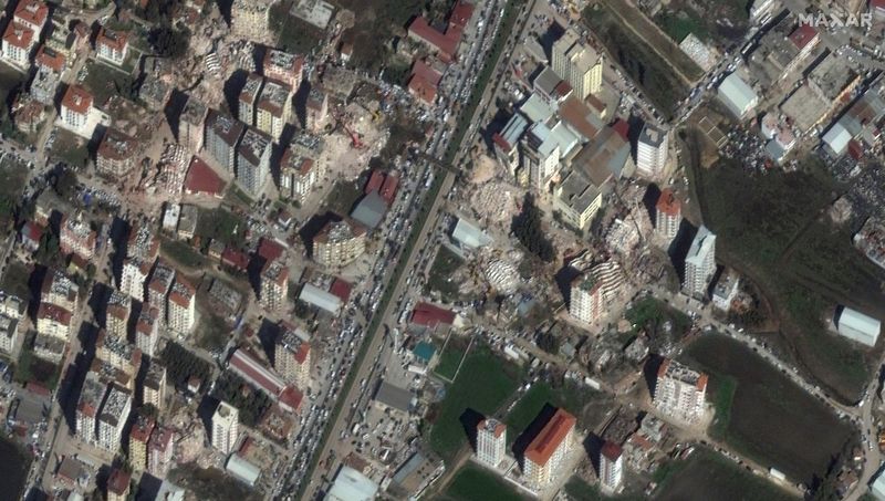 &copy; Reuters. صورة بالقمر الصناعي لمبان منهارة بعد زلزال في أنطاكية يوم التاسع من فبراير شباط 2023. صورة لرويترز من مكسار تكنولوجيز. (يحظر إعادة بيع الصورة أ