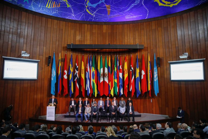 &copy; Reuters. Mexican Foreign Secretary Marcelo Ebrard speaks, as negotiators from Colombia's government and members of the National Liberation Army (ELN) rebel group attend a cycle of peace dialogues, during the Inter-American Conference on Social Security (CISS) in M