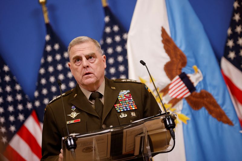 &copy; Reuters. U.S. Chairman of the Joint Chiefs of Staff General Mark A. Milley speaks during a news conference with U.S. Secretary of Defense Lloyd Austin (not pictured), on the day of the NATO defence ministers' meeting at the Alliance's headquarters in Brussels, Bel