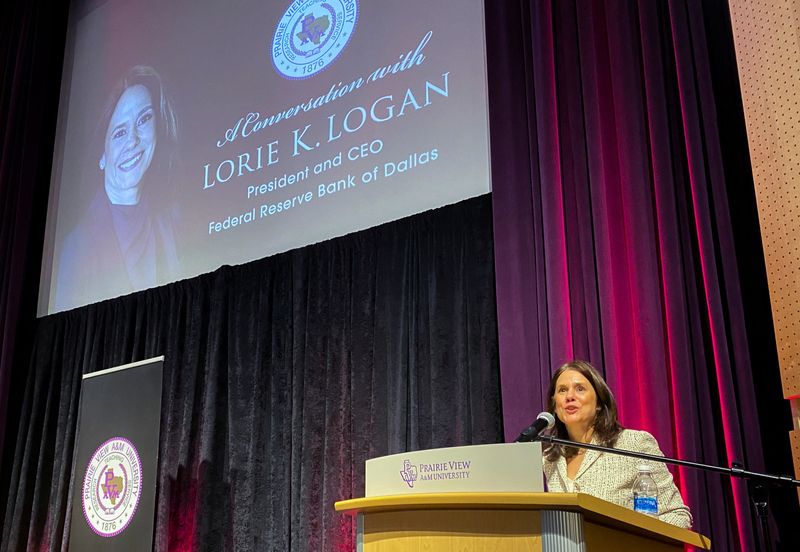 © Reuters. Dallas Federal Reserve Bank President Lorie Logan speaks at Prairie View A&M University in Prairie View, Texas, U.S., February 14, 2023. REUTERS/Ann Saphir