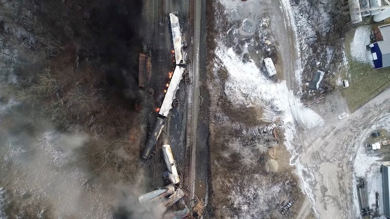 &copy; Reuters. FILE PHOTO: Drone footage shows the freight train derailment in East Palestine, Ohio, U.S., February 6, 2023 in this screengrab obtained from a handout video released by the NTSB. NTSBGov/Handout via REUTERS 