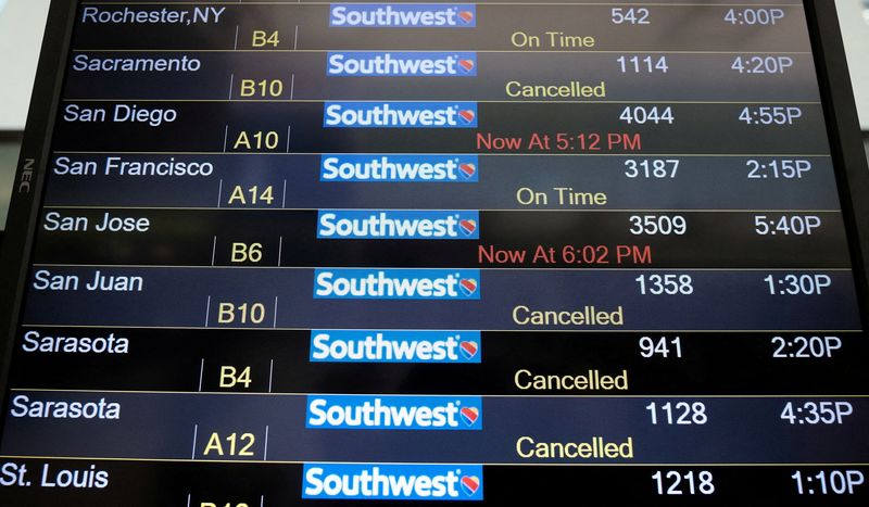 &copy; Reuters. FILE PHOTO: Travelers at Baltimore Washington International airport deal with the impact of Southwest Airlines canceling more than 12,000 flights around the Christmas holiday weekend across the country and in Baltimore, Maryland, U.S. December 27, 2022. 