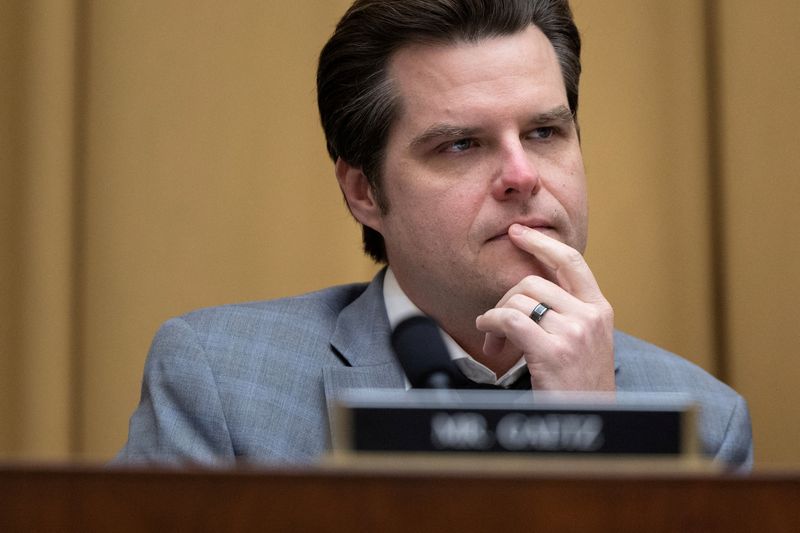 &copy; Reuters. FILE PHOTO: U.S. Rep. Matt Gaetz (R-FL) listens to a testimony from a witness during a U.S. House Judiciary Select Subcommittee on the Weaponization of the Federal Government hearing, on Capitol Hill in Washington, U.S., February 9, 2023. REUTERS/Tom Bren