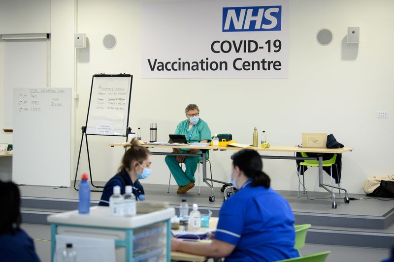 &copy; Reuters. A general view of the interior of the medical area at the NHS vaccination centre in Robertson House, amid the coronavirus disease (COVID-19) outbreak, in Stevenage, Britain January 14, 2021. Leon Neal/Pool via REUTERS