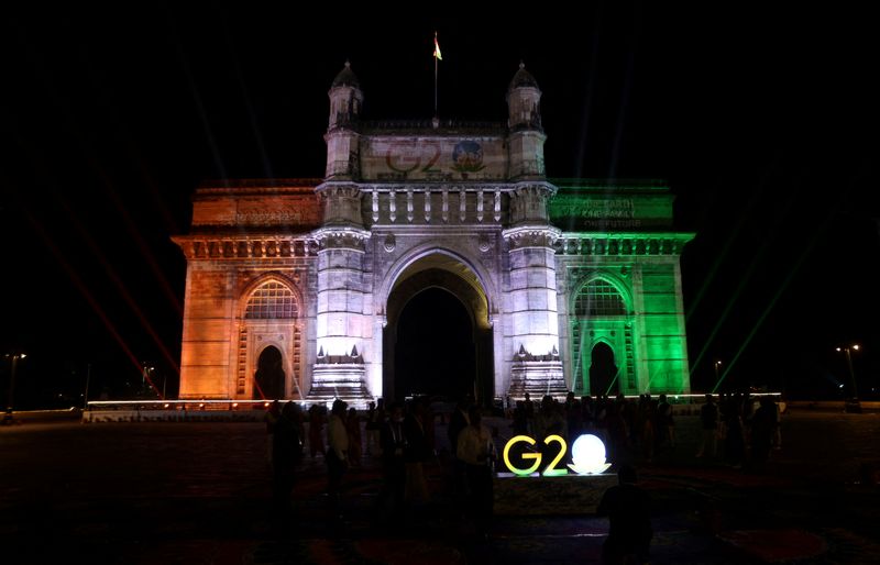 &copy; Reuters. The Gateway of India monument is lit up as part of India's G20 presidency event in Mumbai on December 13, 2022. REUTERS/Francis Mascarenhas/File Photo