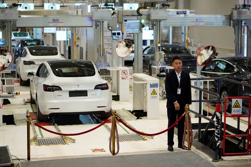 &copy; Reuters. FILE PHOTO: Tesla China-made Model 3 sedans are seen during a delivery event at its Shanghai factory in China January 7, 2020. REUTERS/Aly Song