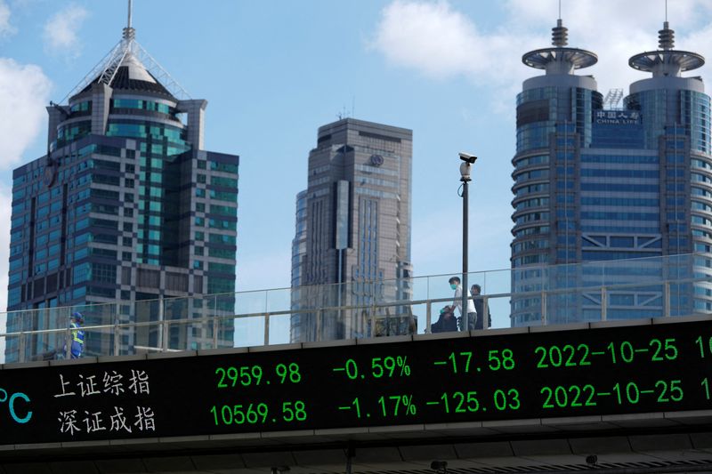 &copy; Reuters. FILE PHOTO: An electronic board shows Shanghai and Shenzhen stock indexes, at the Lujiazui financial district, following the coronavirus disease (COVID-19) outbreak, in Shanghai, China October 25, 2022. REUTERS/Aly Song