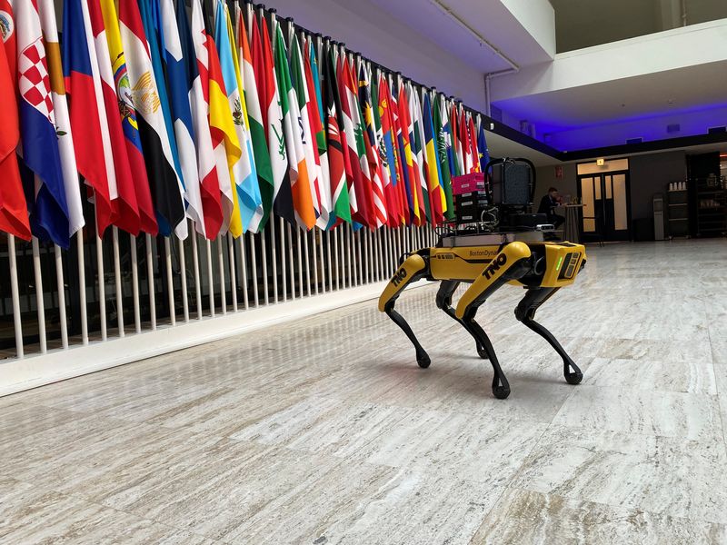 &copy; Reuters. FILE PHOTO: A robotic dog is shown at the Responsible Artificial Intelligence in the Military (REAIM) summit, on responsible use of military artificial intelligence, in The Hague, Netherlands, February 15, 2023. REUTERS/Toby Sterling