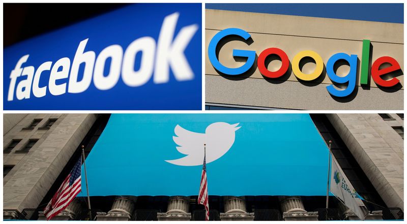 &copy; Reuters. FILE PHOTO: Facebook, Google and Twitter logos are seen in this combination photo from Reuters files. REUTERS/File Photos