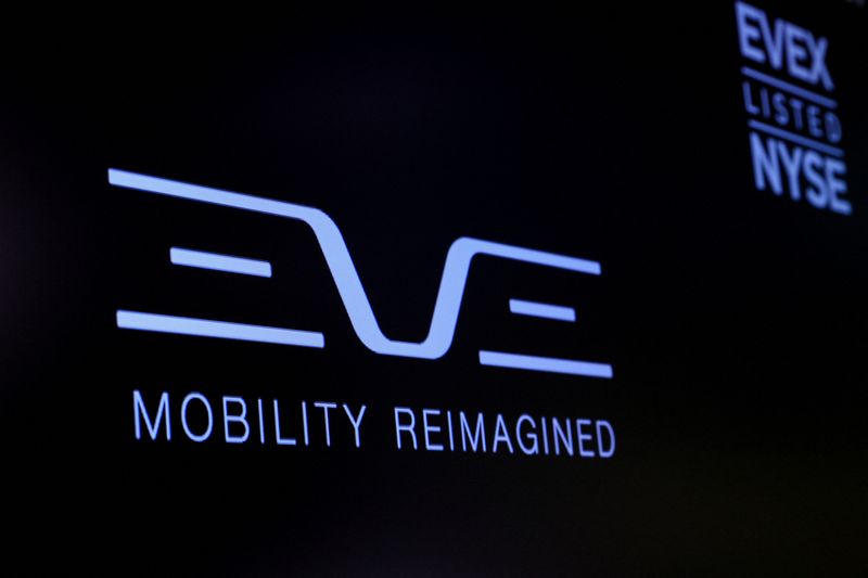 &copy; Reuters. FILE PHOTO: The logo for Eve Air Mobility is displayed on a screen during the company’s debut on the floor of the New York Stock Exchange (NYSE) in New York City, U.S., May 10, 2022.  REUTERS/Brendan McDermid/File Photo