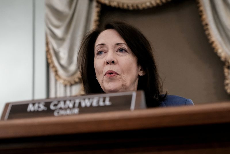 &copy; Reuters. FILE PHOTO: U.S. Senator Maria Cantwell (D-WA) speaks during a Senate Commerce, Science, and Transportation Committee hearing on President Biden's proposed budget request for the Department of Transportation, on Capitol Hill in Washington, U.S., May 3, 20