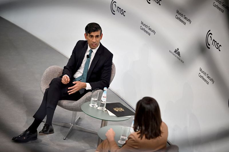 &copy; Reuters. Britain's Prime Minister Rishi Sunak attends a Q&A after his speech at the Munich Security Conference (MSC) in Munich, Germany, February 18, 2023. Ben Stansall/Pool via REUTERS