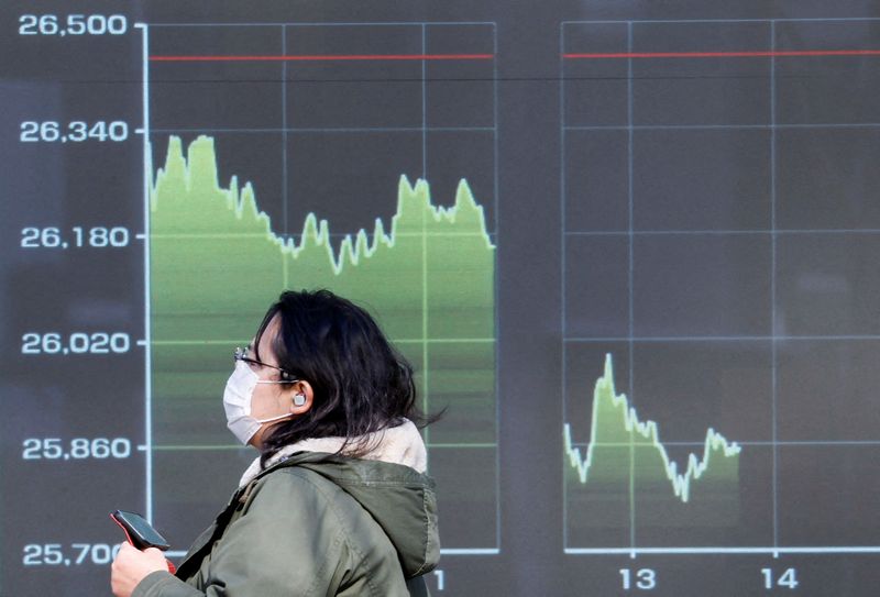 &copy; Reuters. سيدة تضع كمامة تمر أمام شاشة إلكترونية تعرض حركة تداول الأسهم على مؤشر نيكي الياباني في صورة من أرشيف رويترز . 