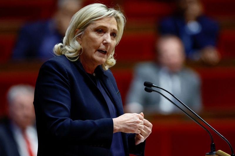 &copy; Reuters. FILE PHOTO: Marine Le Pen, member of parliament and president of the French far-right National Rally (Rassemblement National - RN) party parliamentary group, speaks during a debate on the pension reform plan at the National Assembly in Paris, France Febru