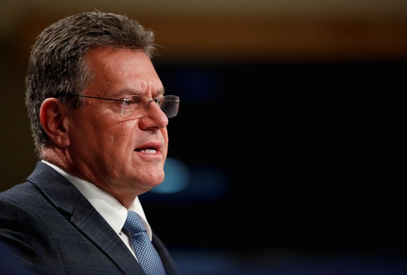 © Reuters. FILE PHOTO-European Commission Vice-President for Interinstitutional Relations Maros Sefcovic speaks during a news conference after a meeting with British Foreign Secretary Liz Truss, in Brussels, Belgium February 21, 2022. REUTERS/Johanna Geron