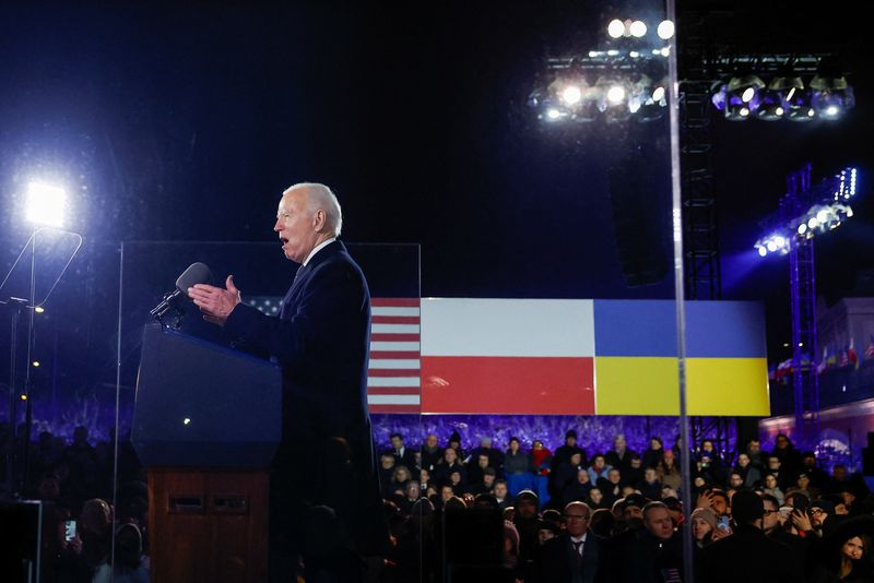 &copy; Reuters. U.S. President Joe Biden delivers remarks ahead of the one year anniversary of Russia's invasion of Ukraine, outside the Royal Castle, in Warsaw, Poland, February 21, 2023. REUTERS/Evelyn Hockstein