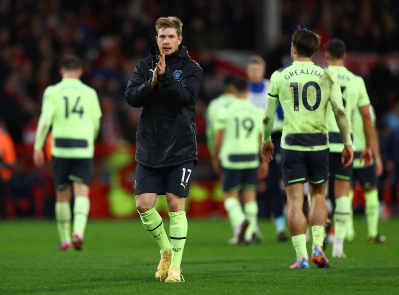 &copy; Reuters. FOTO DE ARCHIVO. Kevin De Bruyne tras el partido entre el Manchester City y el Nottingham Forest por la Liga Premier, The City Ground, Nottingham, Inglaterra. Febrero 18, 2023. REUTERS/Molly Darlington 